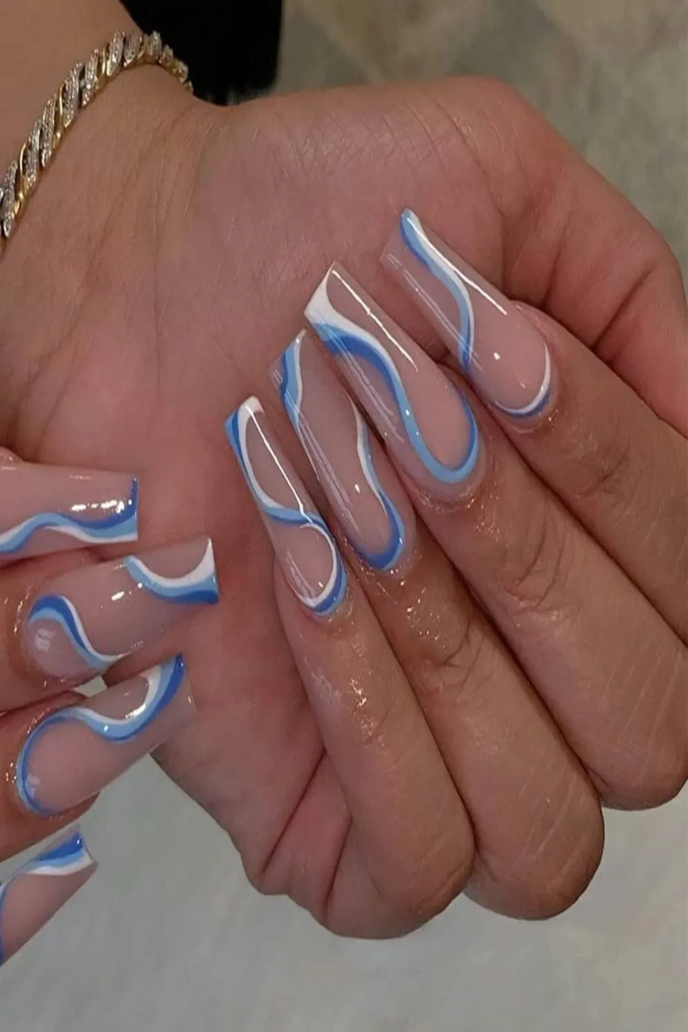 Blue And White Swirl Coffin Press On Nails Kit