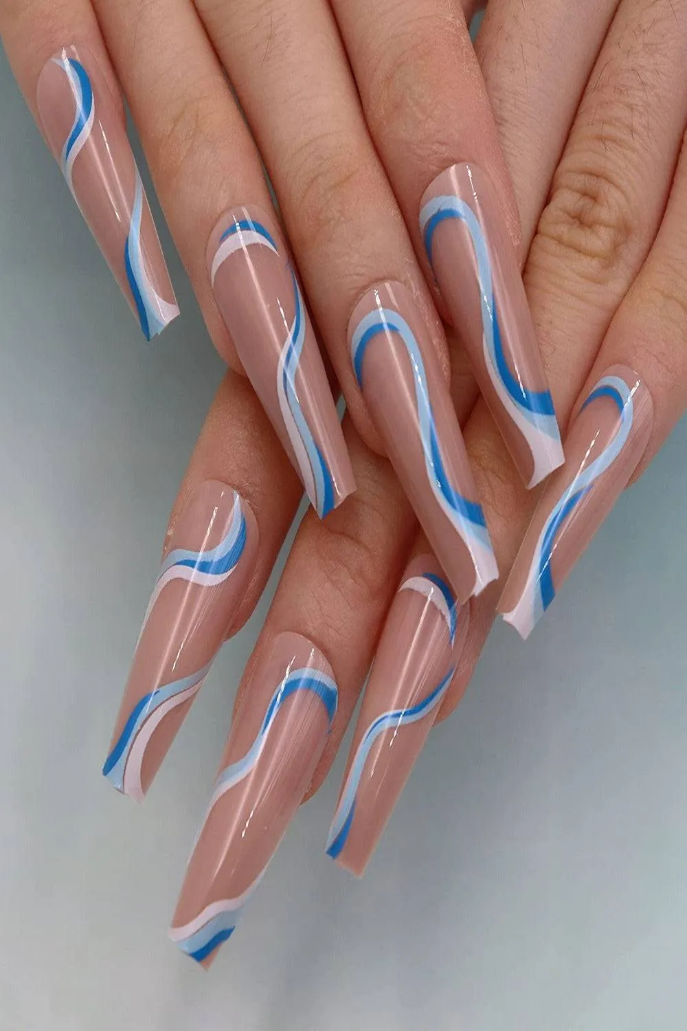 Blue And White Swirl Coffin Press On Nails Kit