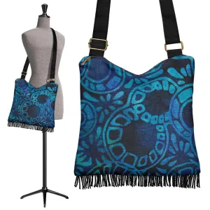 Blue Batik Canvas Boho Style Purse With Fringe Crossbody Bag Shoulder Strap