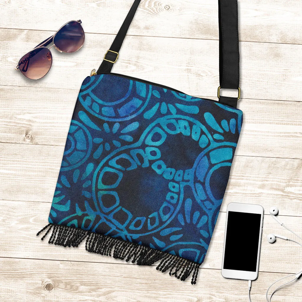 Blue Batik Canvas Boho Style Purse With Fringe Crossbody Bag Shoulder Strap