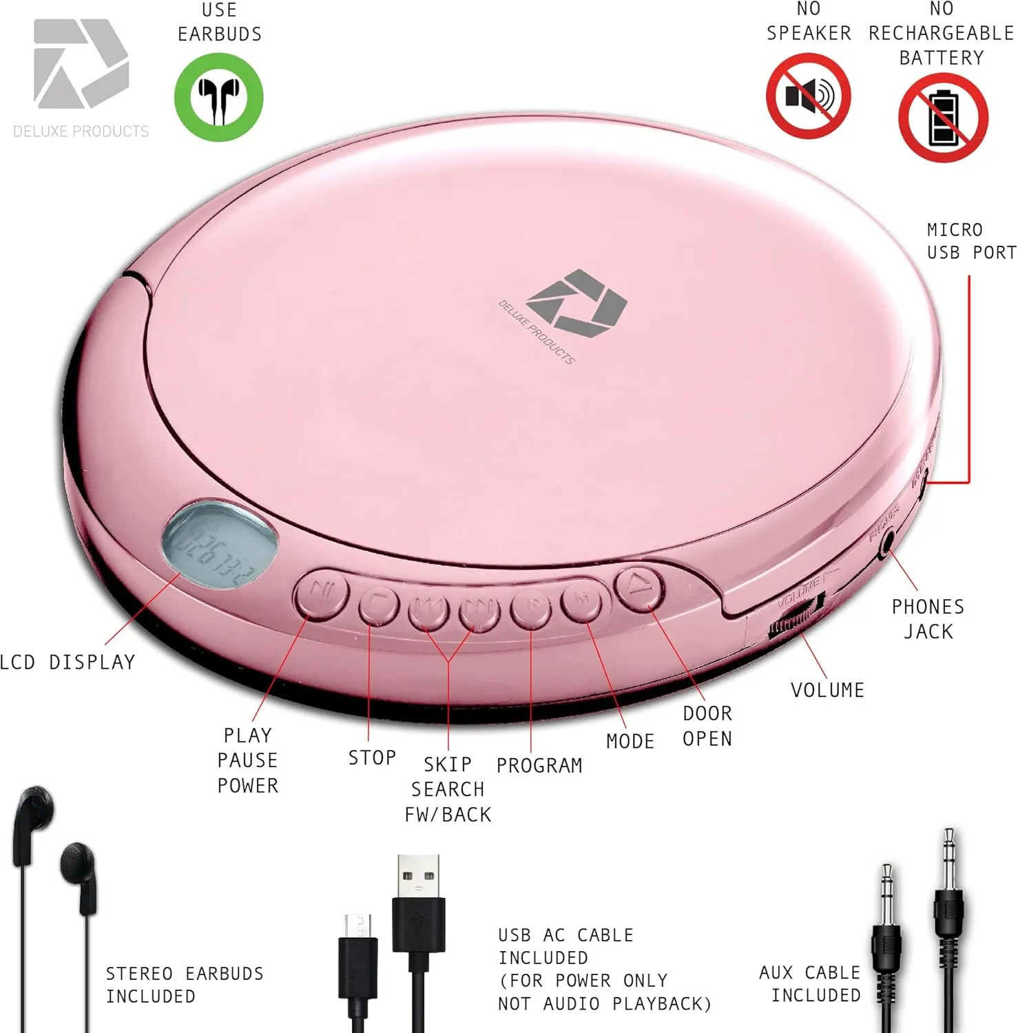 CD Player Portable with 60 Second Anti Skip, Stereo Earbuds, Includes Aux in ...