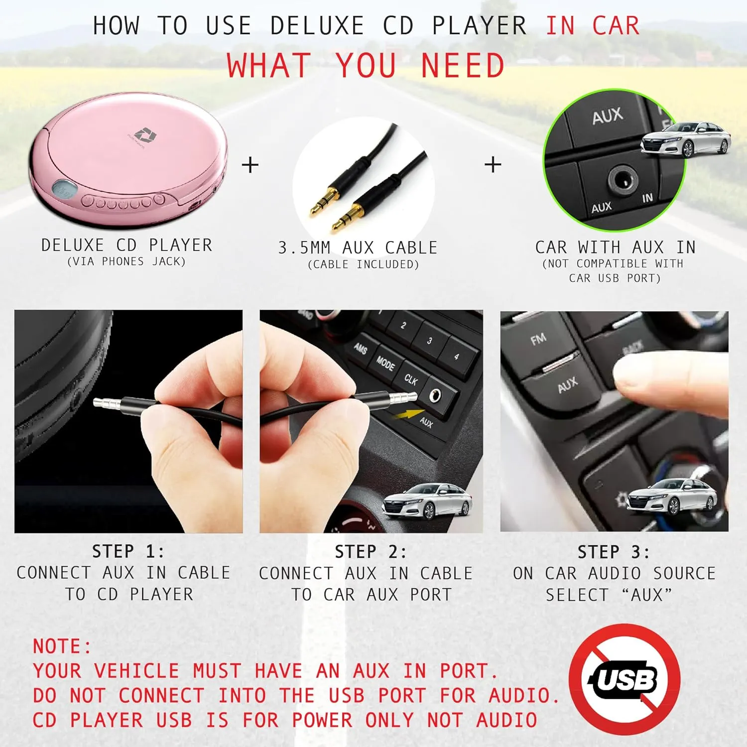 CD Player Portable with 60 Second Anti Skip, Stereo Earbuds, Includes Aux in ...
