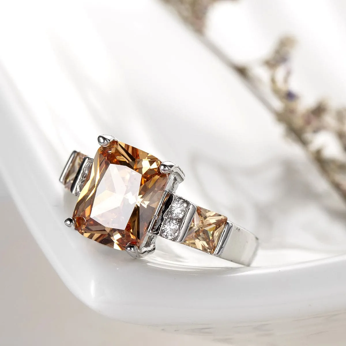 Champagne Crystal & Silver-Plated Princess-Cut Ring