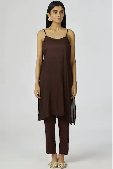 Chanderi Silk Kaftan Pant Set in Brown