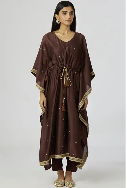Chanderi Silk Kaftan Pant Set in Brown