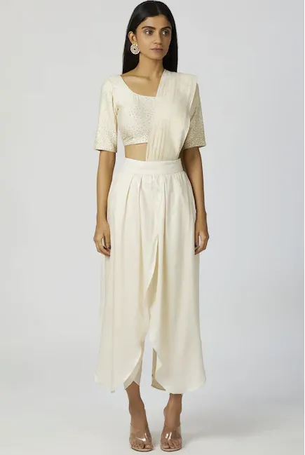 Chanderi Silk - White Embroidered Pre-Draped Pant Saree