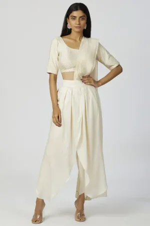 Chanderi Silk - White Embroidered Pre-Draped Pant Saree