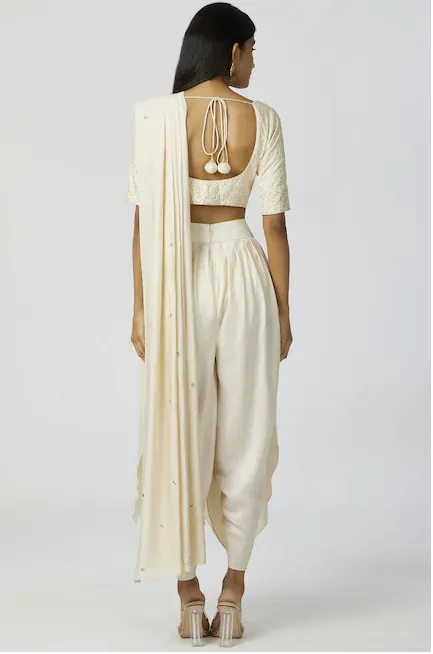 Chanderi Silk - White Embroidered Pre-Draped Pant Saree
