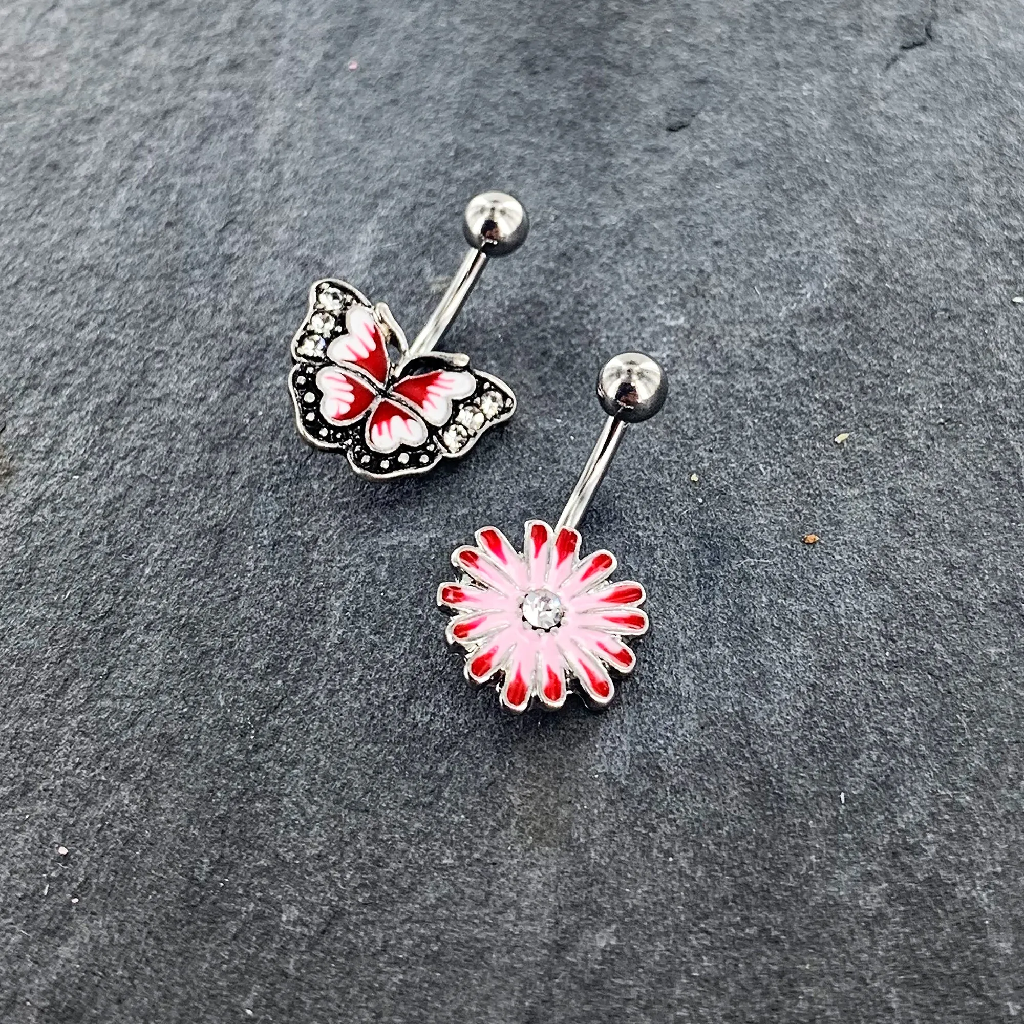 Clear Gem Red Light Pink Butterfly Flower Belly Ring Set of 2