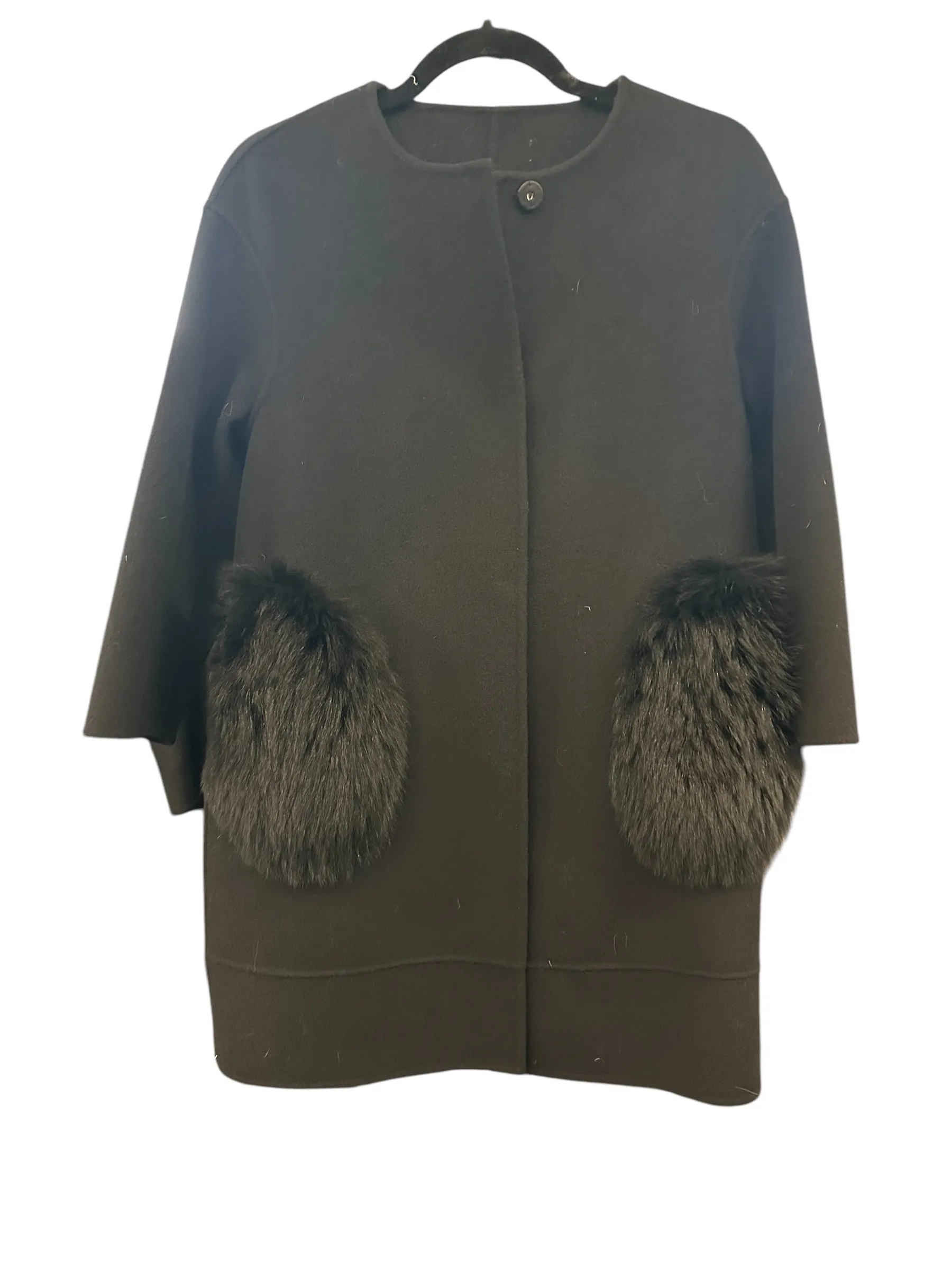 Collarless Double Faced Wool Coat Fox Pockets