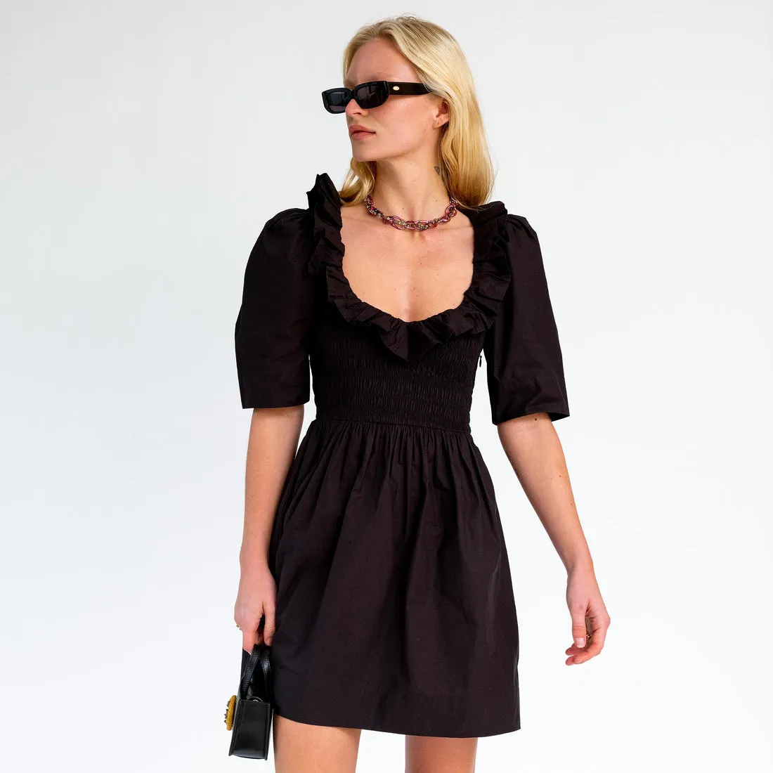 Cotton Poplin Open Neck Dress