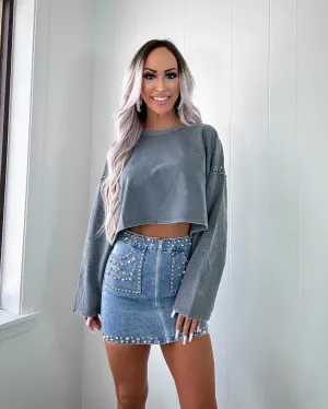 Crop Crush Embellished Top - Ash Grey