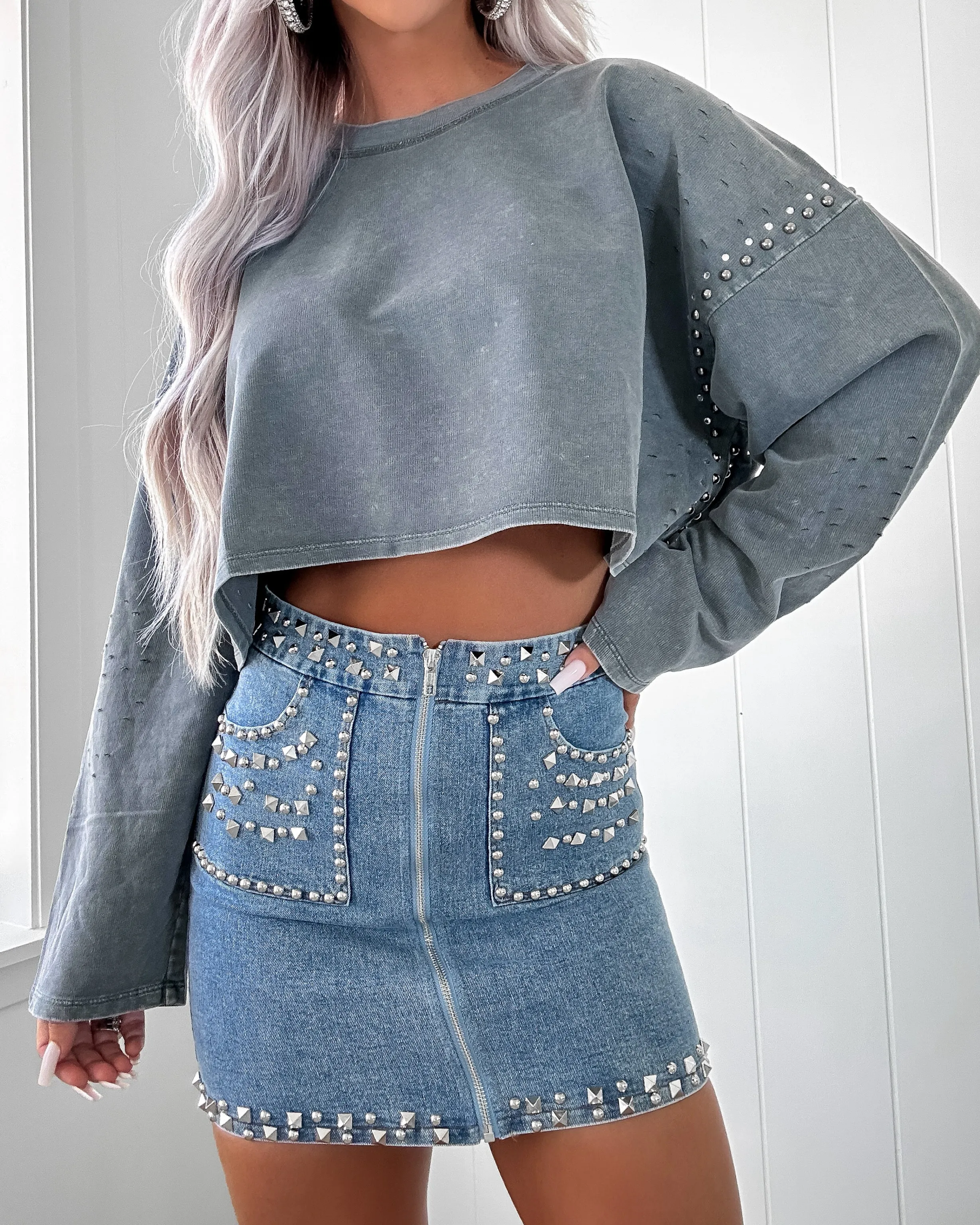 Crop Crush Embellished Top - Ash Grey