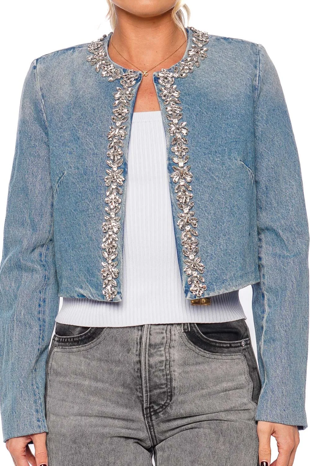 Crush Embellished Denim Crop Jacket