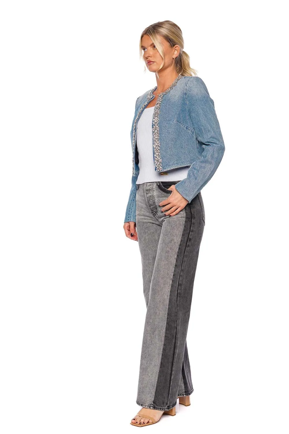 Crush Embellished Denim Crop Jacket