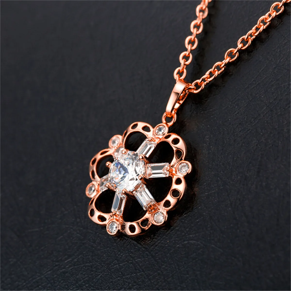 Crystal & 18K Rose Gold-Plated Hollow Floral Pendant Necklace