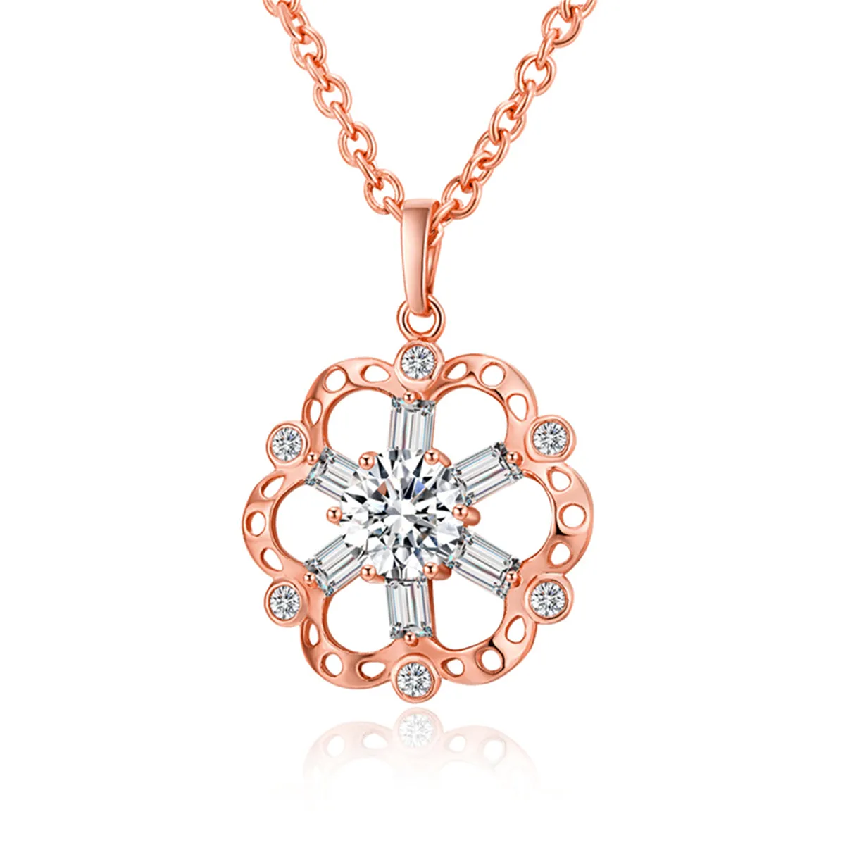 Crystal & 18K Rose Gold-Plated Hollow Floral Pendant Necklace