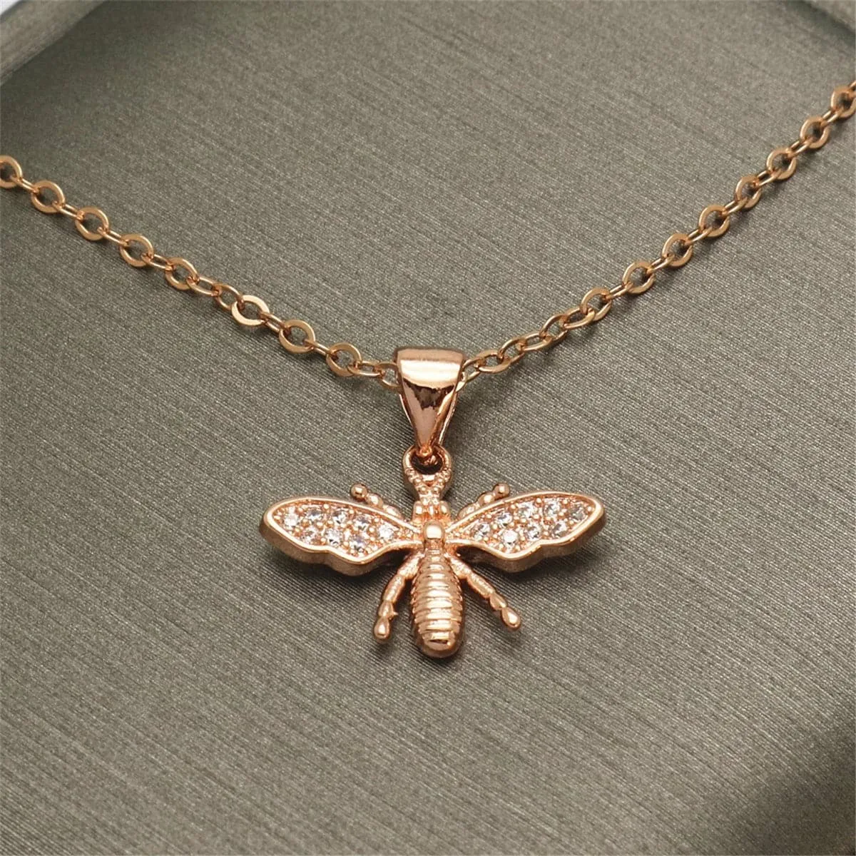 Cubic Zirconia & 18K Rose Gold-Plated Bee Pendant Necklace