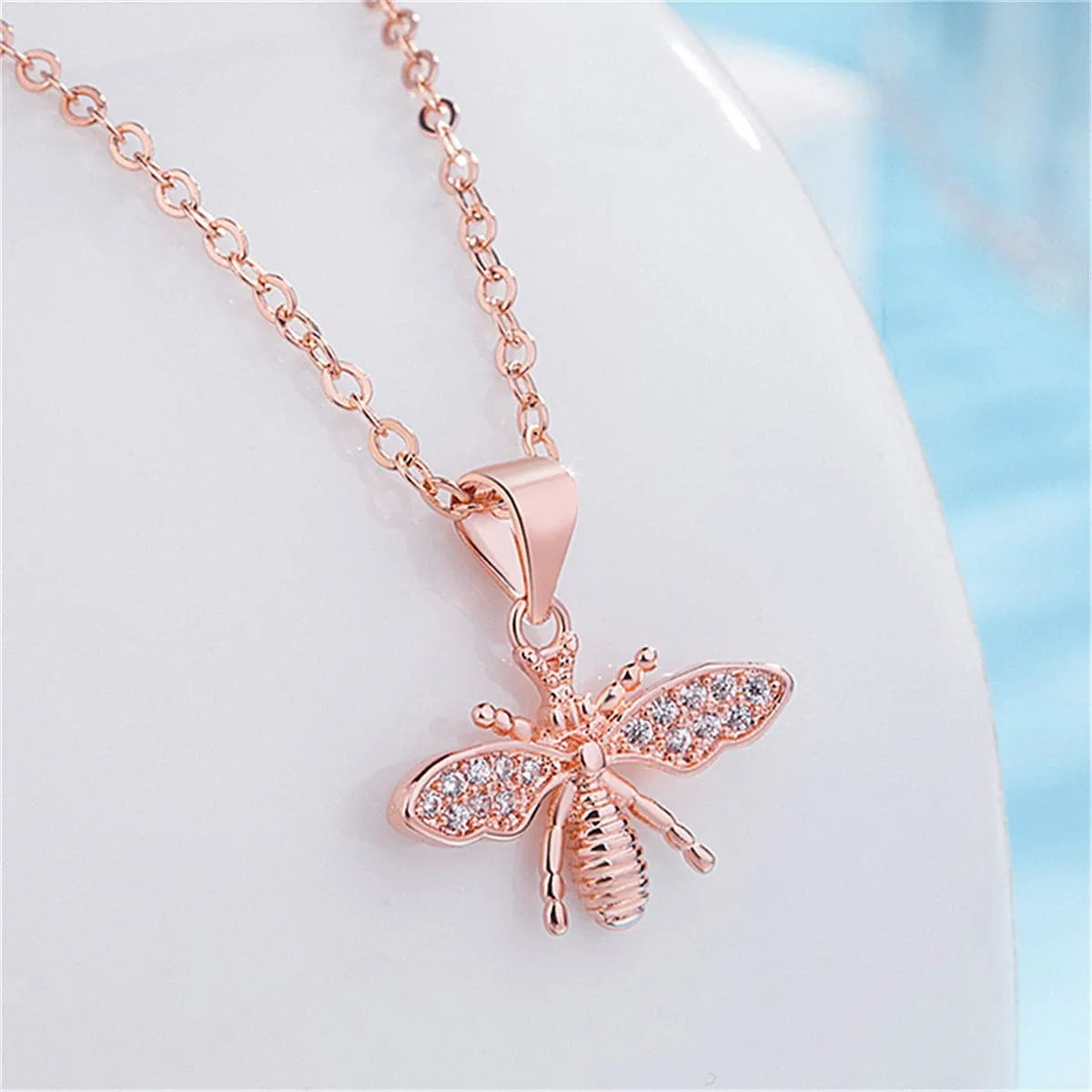 Cubic Zirconia & 18K Rose Gold-Plated Bee Pendant Necklace