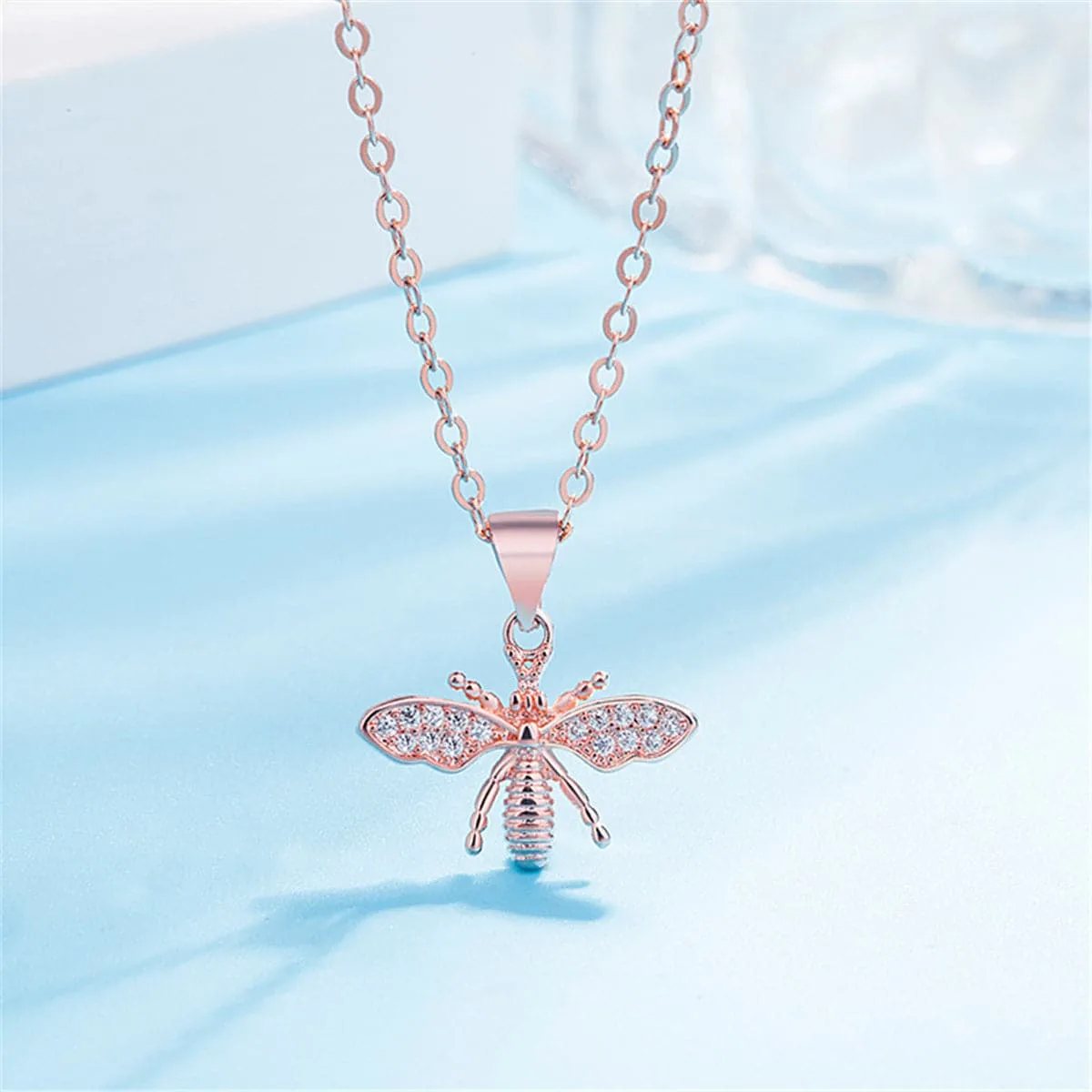 Cubic Zirconia & 18K Rose Gold-Plated Bee Pendant Necklace