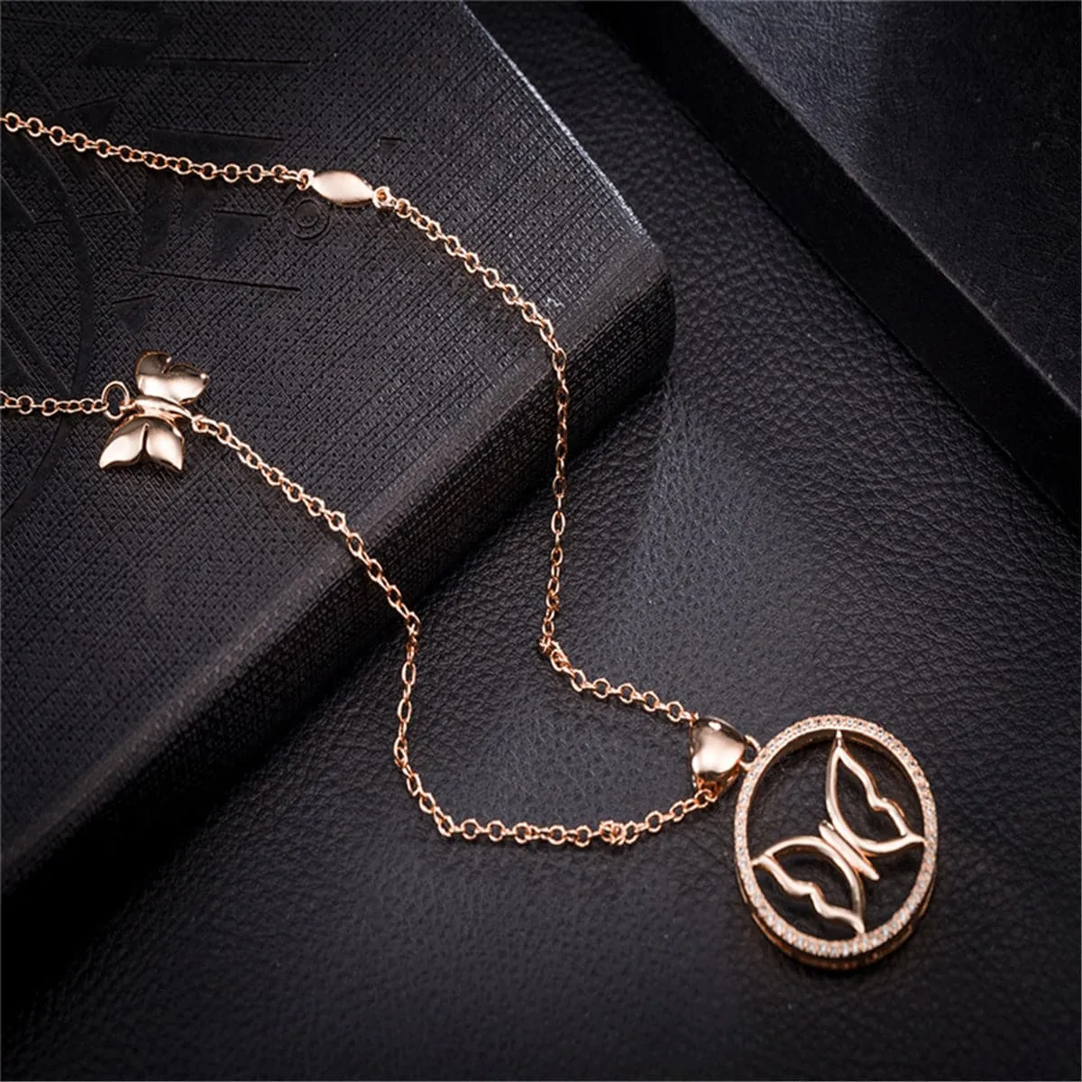 Cubic Zirconia & 18K Rose Gold-Plated Butterfly Pendant Necklace