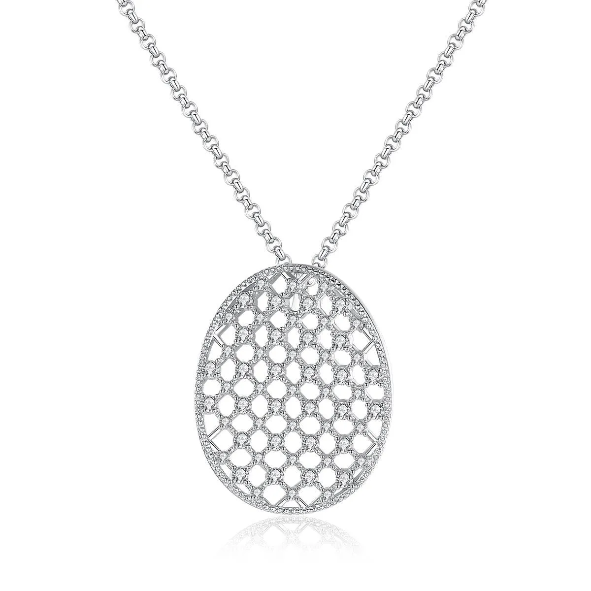 Cubic Zirconia & Silver-Plated Openwork Oval Pendant Necklace
