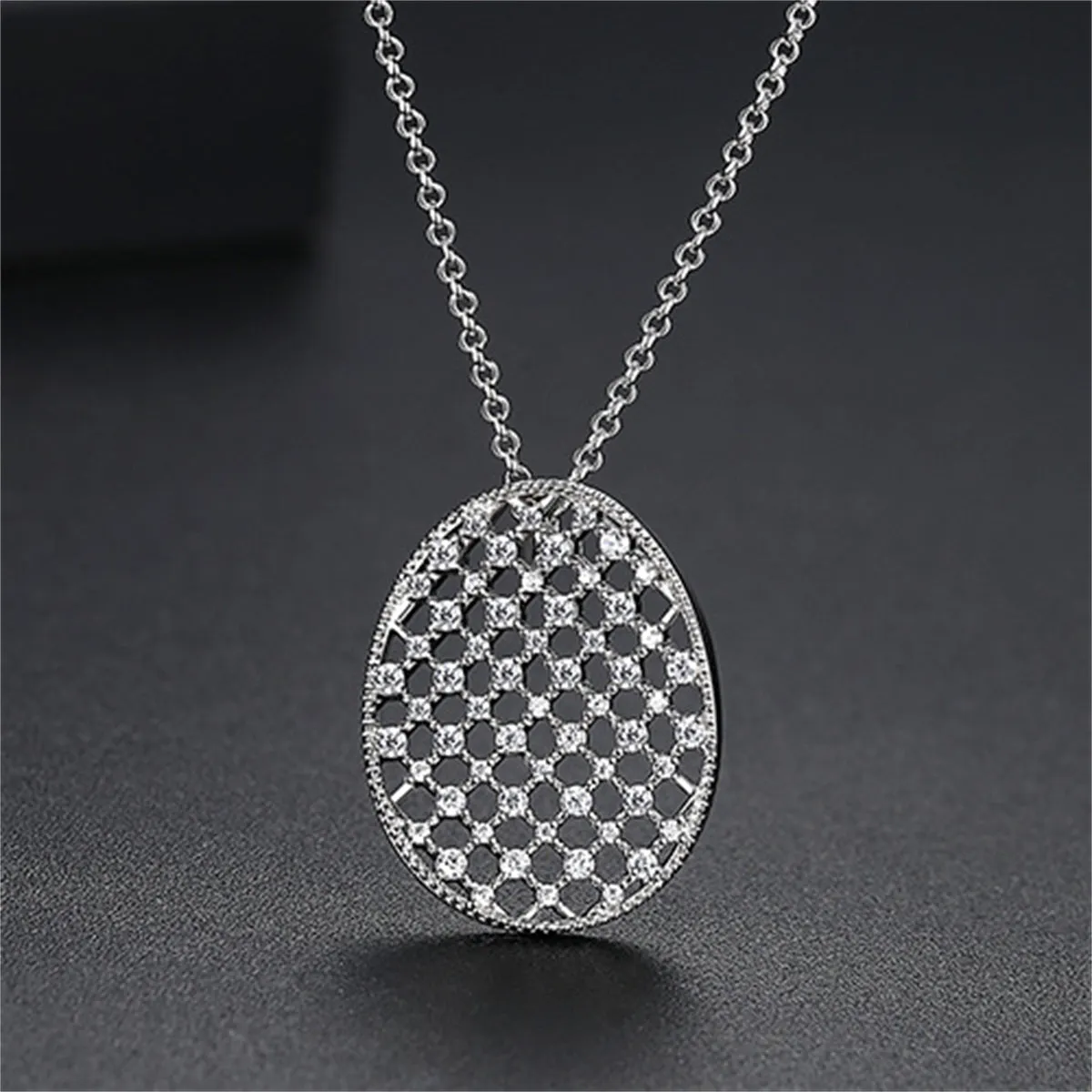 Cubic Zirconia & Silver-Plated Openwork Oval Pendant Necklace