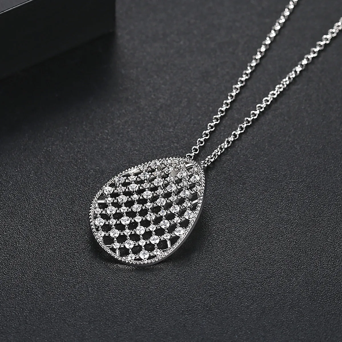 Cubic Zirconia & Silver-Plated Openwork Oval Pendant Necklace