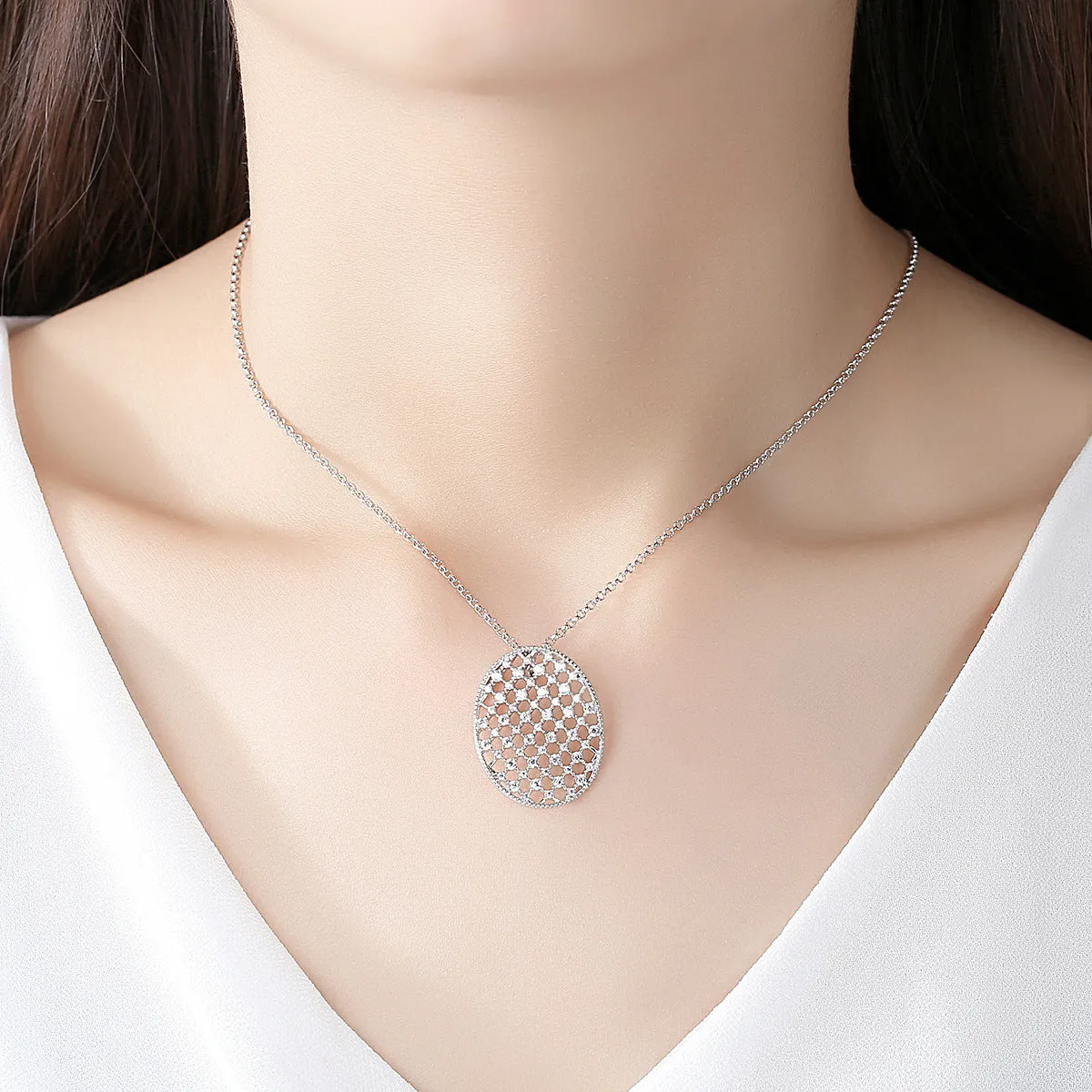 Cubic Zirconia & Silver-Plated Openwork Oval Pendant Necklace