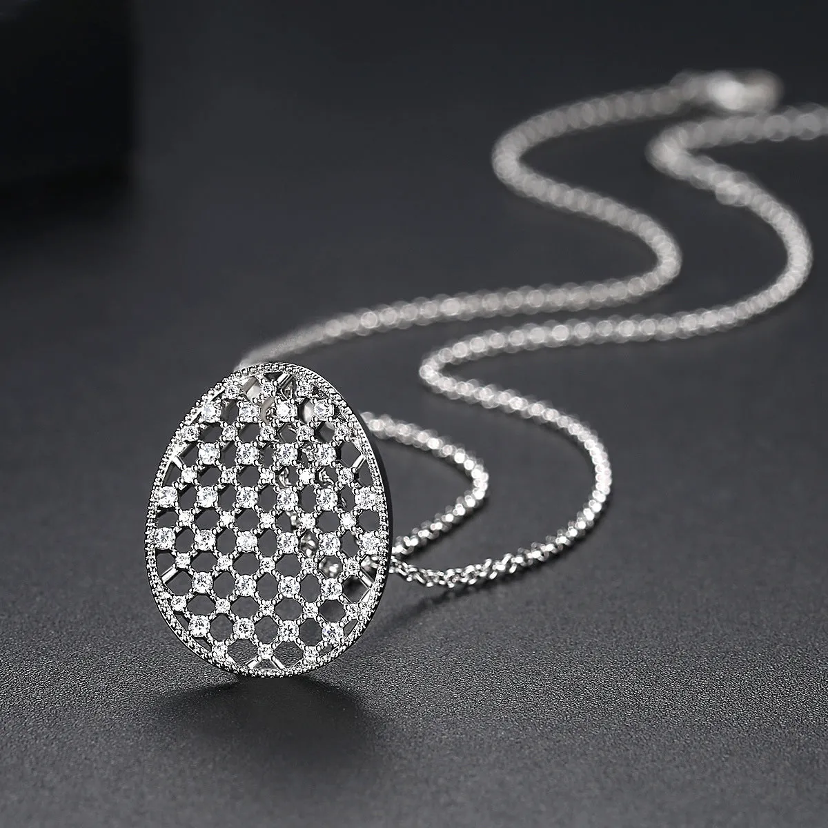 Cubic Zirconia & Silver-Plated Openwork Oval Pendant Necklace