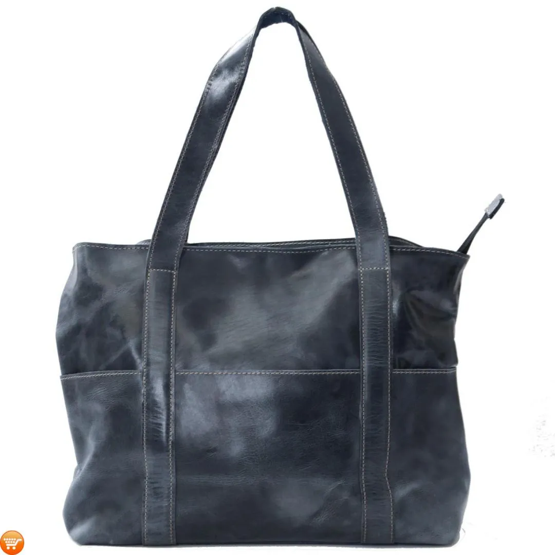 Dark Blue Handcrafted Leather Tote