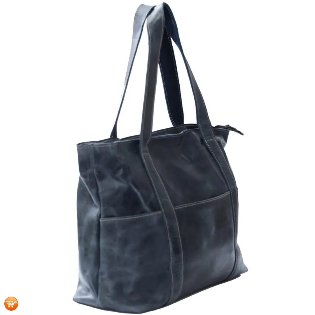 Dark Blue Handcrafted Leather Tote