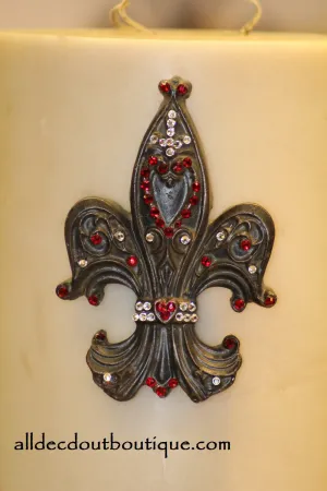 Decorative Candle Pin | Embellished Rose Red/Clear Crystals Large Fleur De Lis