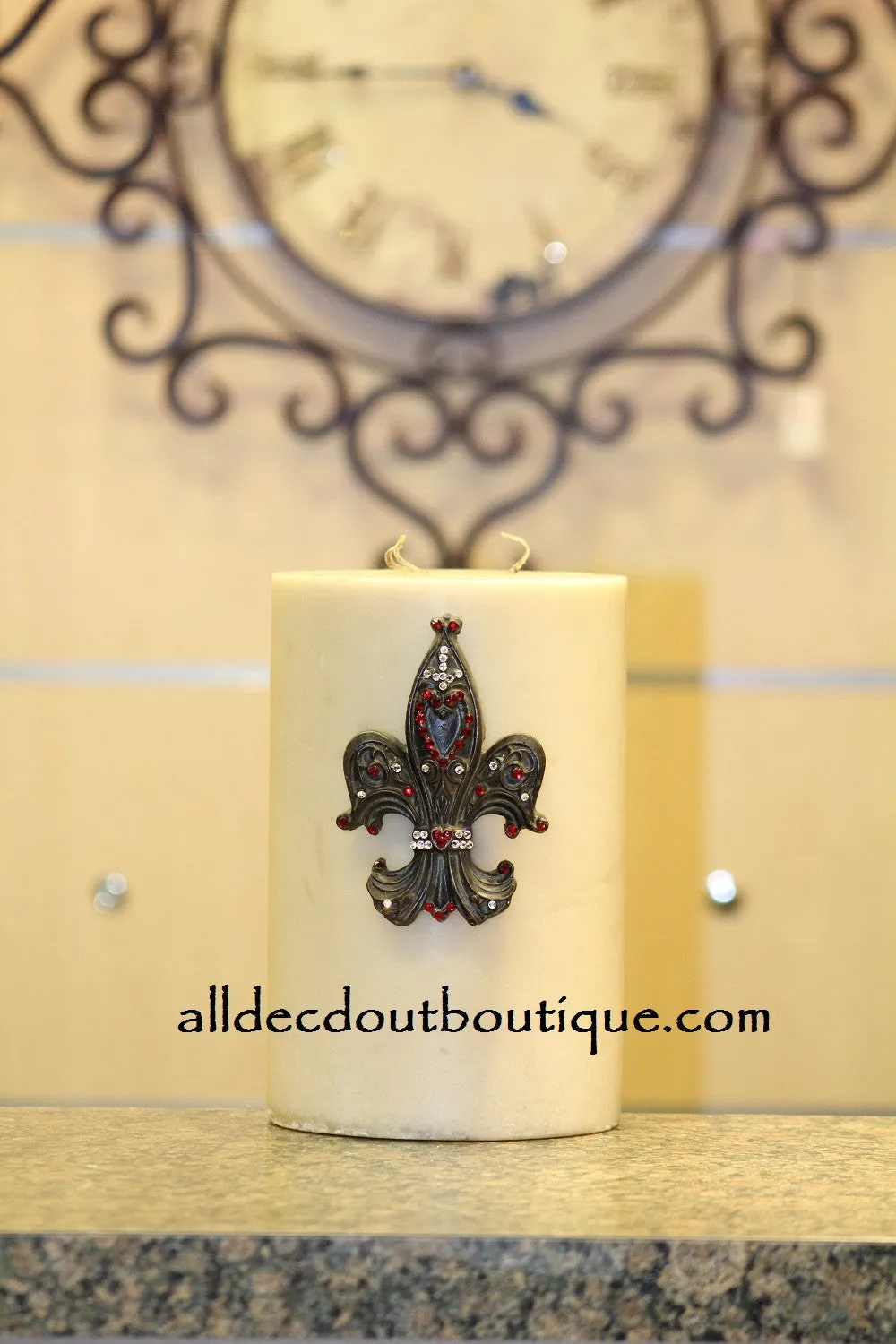 Decorative Candle Pin | Embellished Rose Red/Clear Crystals Large Fleur De Lis