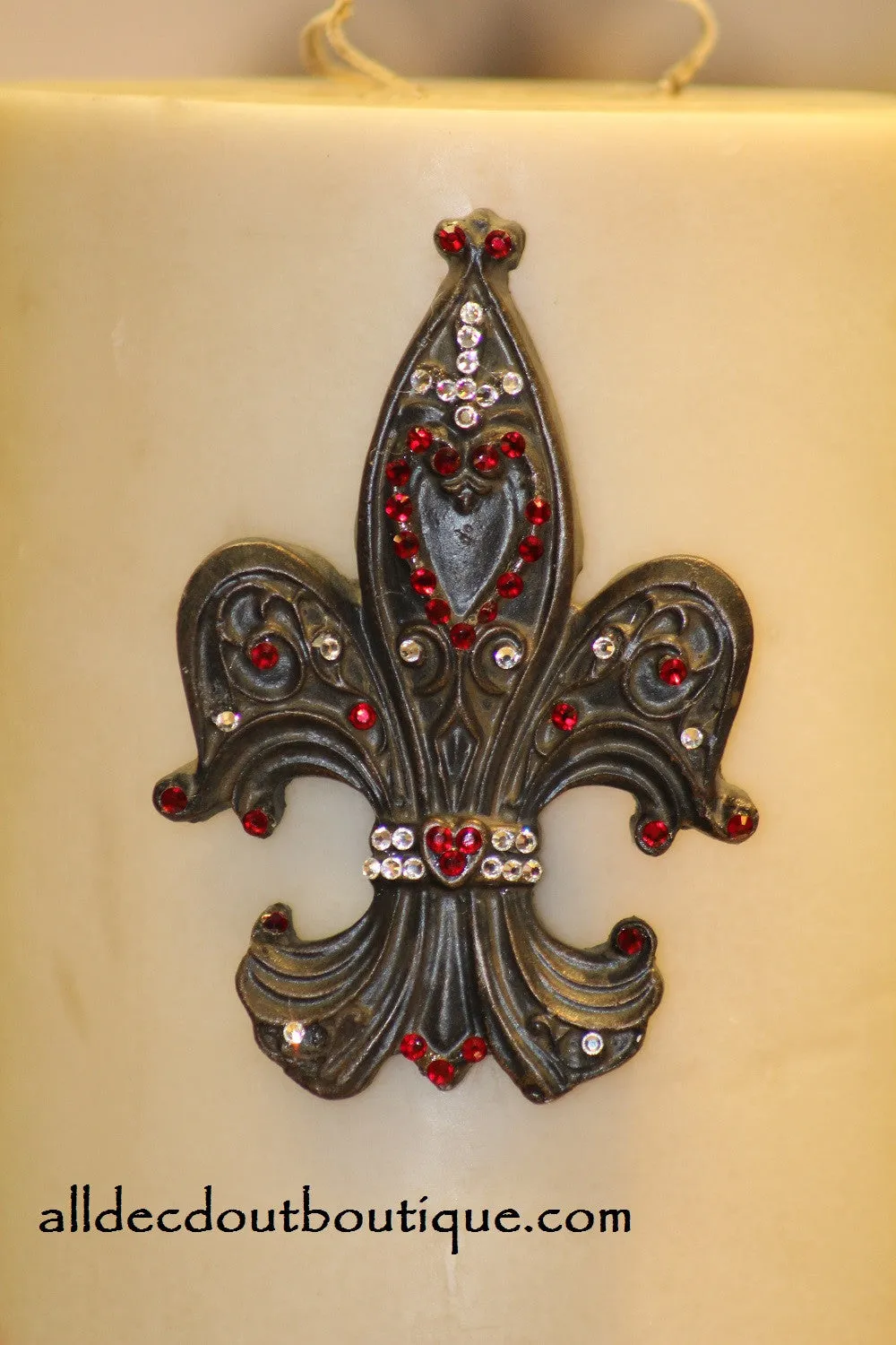 Decorative Candle Pin | Embellished Rose Red/Clear Crystals Large Fleur De Lis