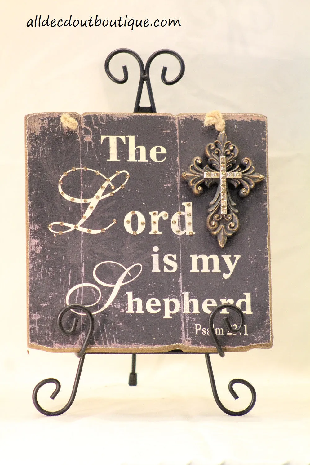 Decorative Easel Included | 10" x 10" Psalm 23:1 and Cross Embellished Plaque