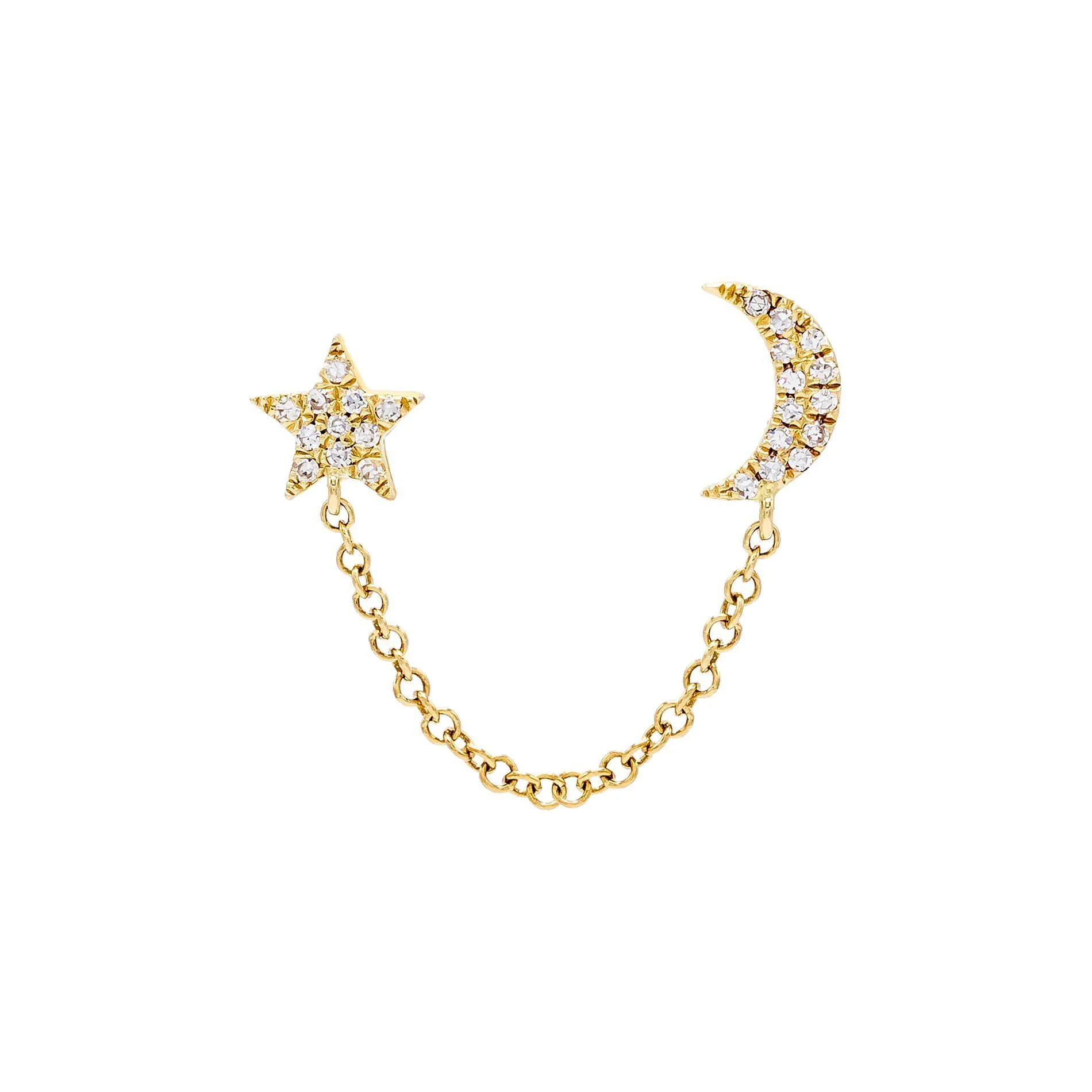 Diamond Star & Moon Chain Stud Earring 14K