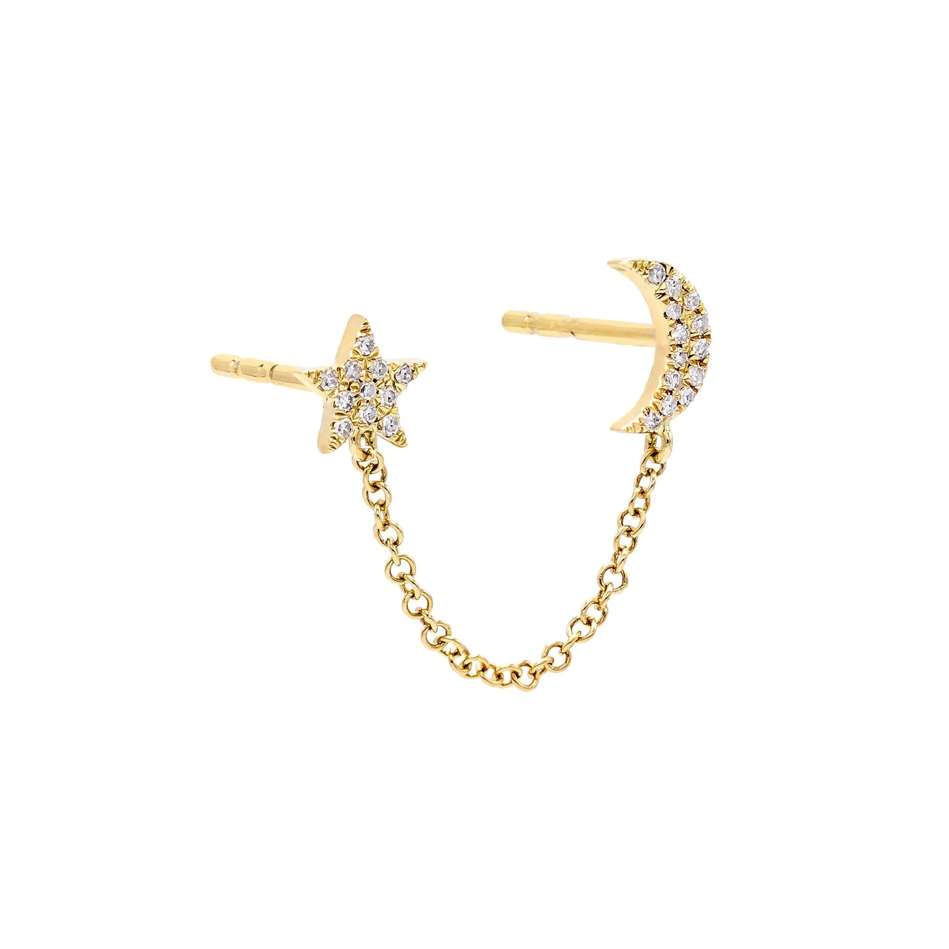 Diamond Star & Moon Chain Stud Earring 14K