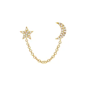 Diamond Star & Moon Chain Stud Earring 14K