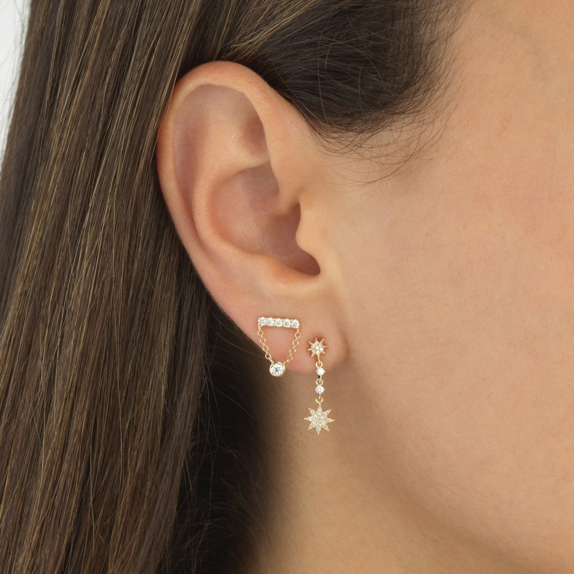 Diamond Starburst Dangle Stud Earring 14K