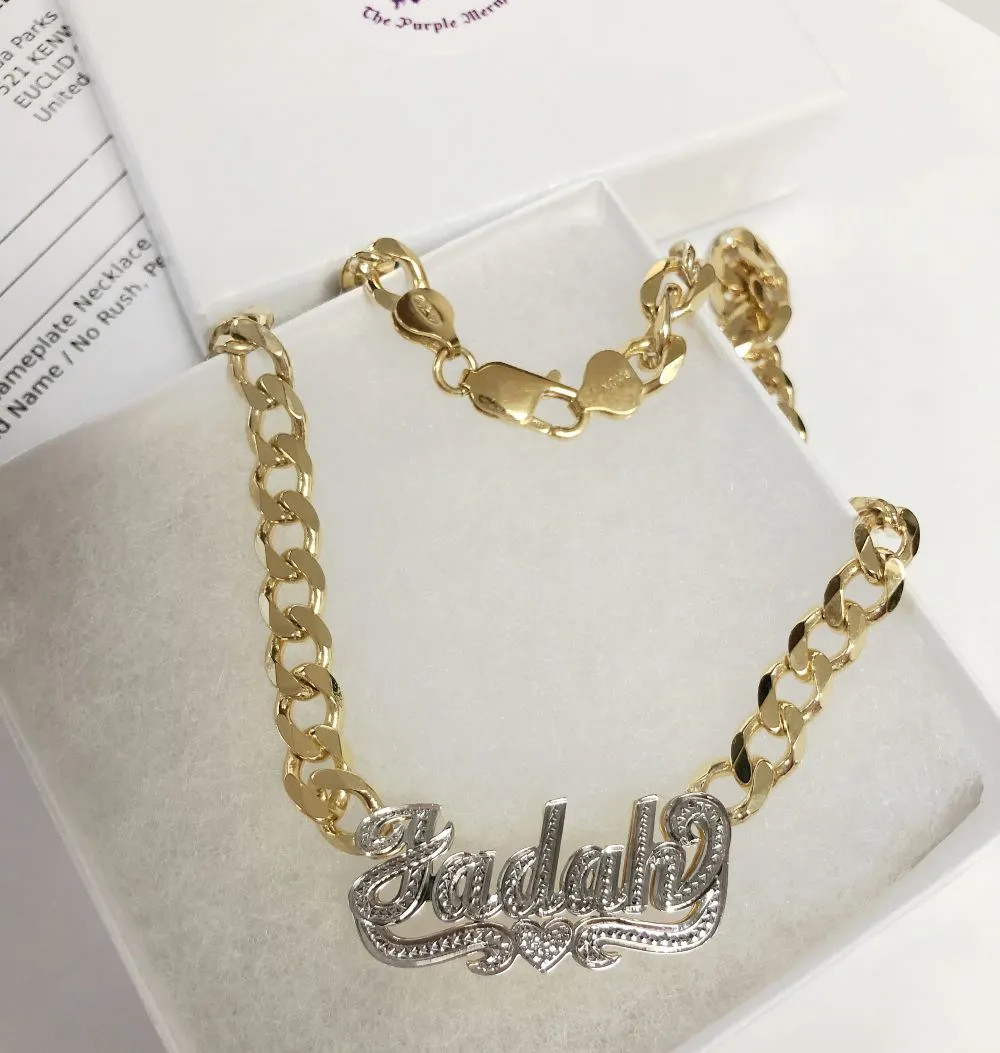 Double Plated Nameplate Necklace on Thick Cuban Chain