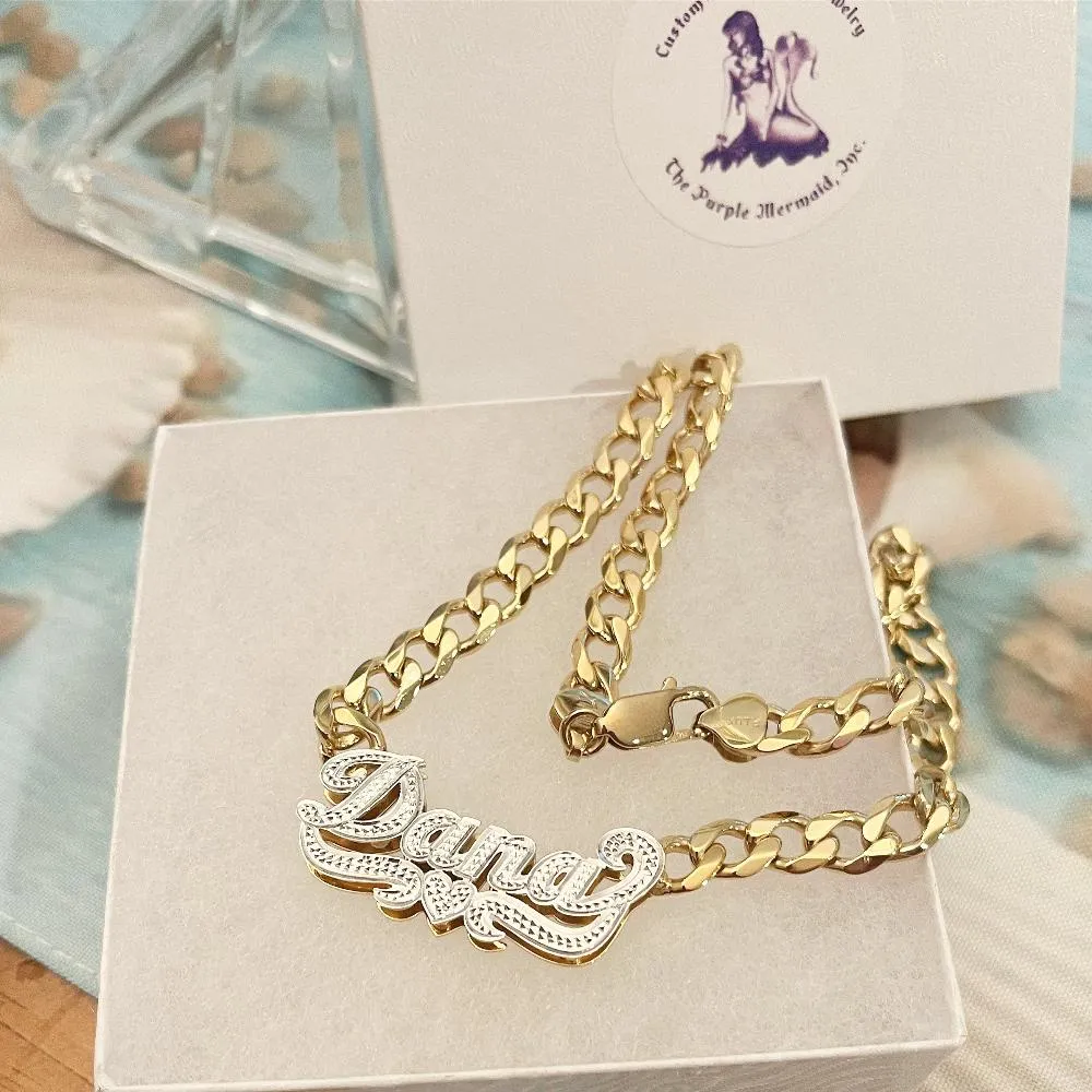 Double Plated Nameplate Necklace on Thick Cuban Chain
