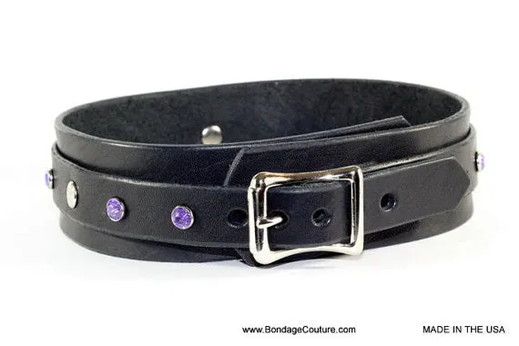 Dual Layer Black Leather Bdsm Collar with Purple Crystals
