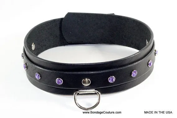 Dual Layer Black Leather Bdsm Collar with Purple Crystals