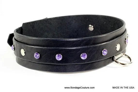 Dual Layer Black Leather Bdsm Collar with Purple Crystals