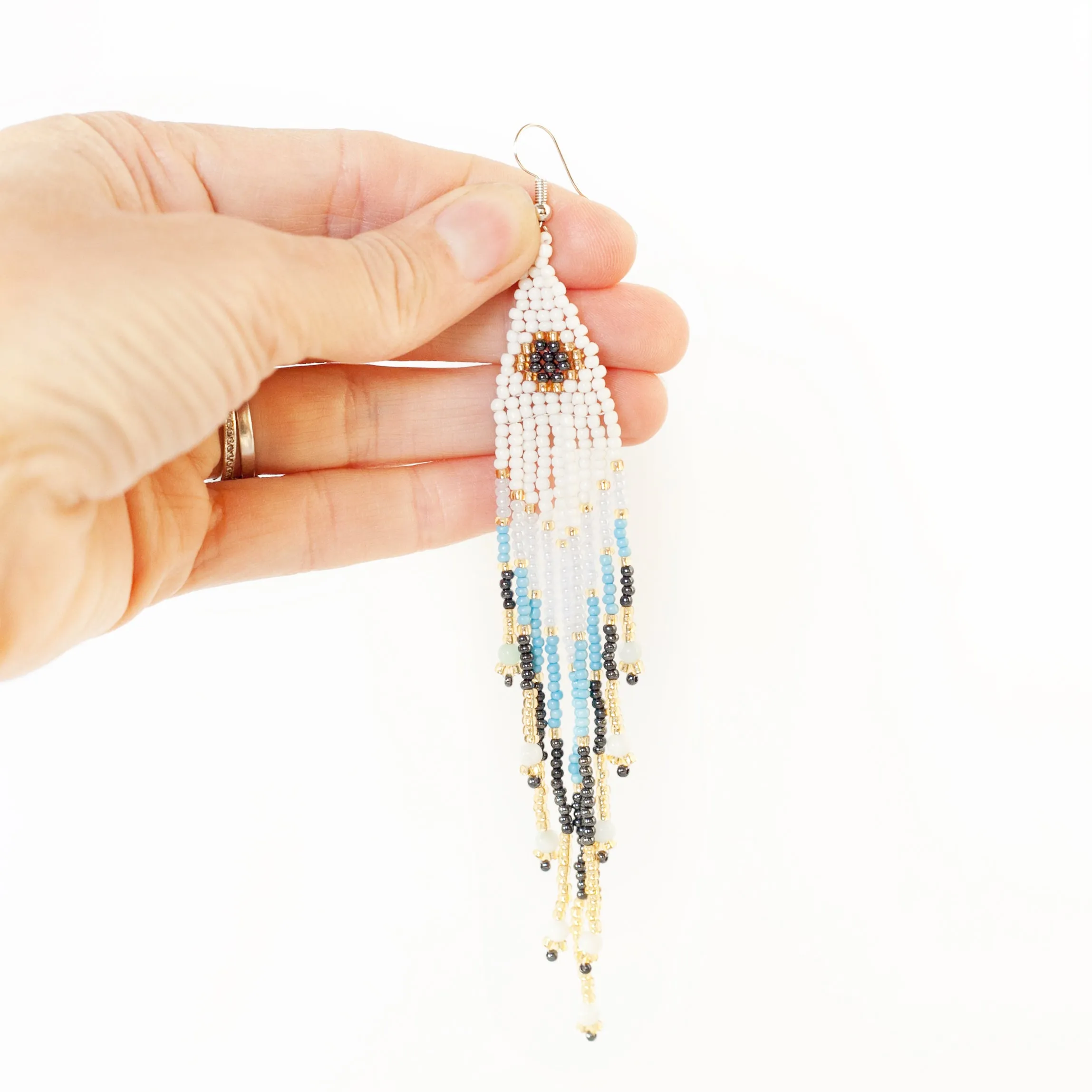 Earring Beaded Dangle Fringe Boho Hippie Style Full Moon Design