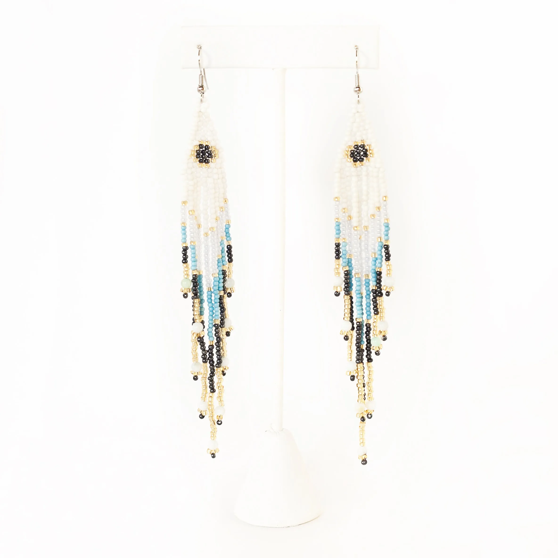 Earring Beaded Dangle Fringe Boho Hippie Style Full Moon Design