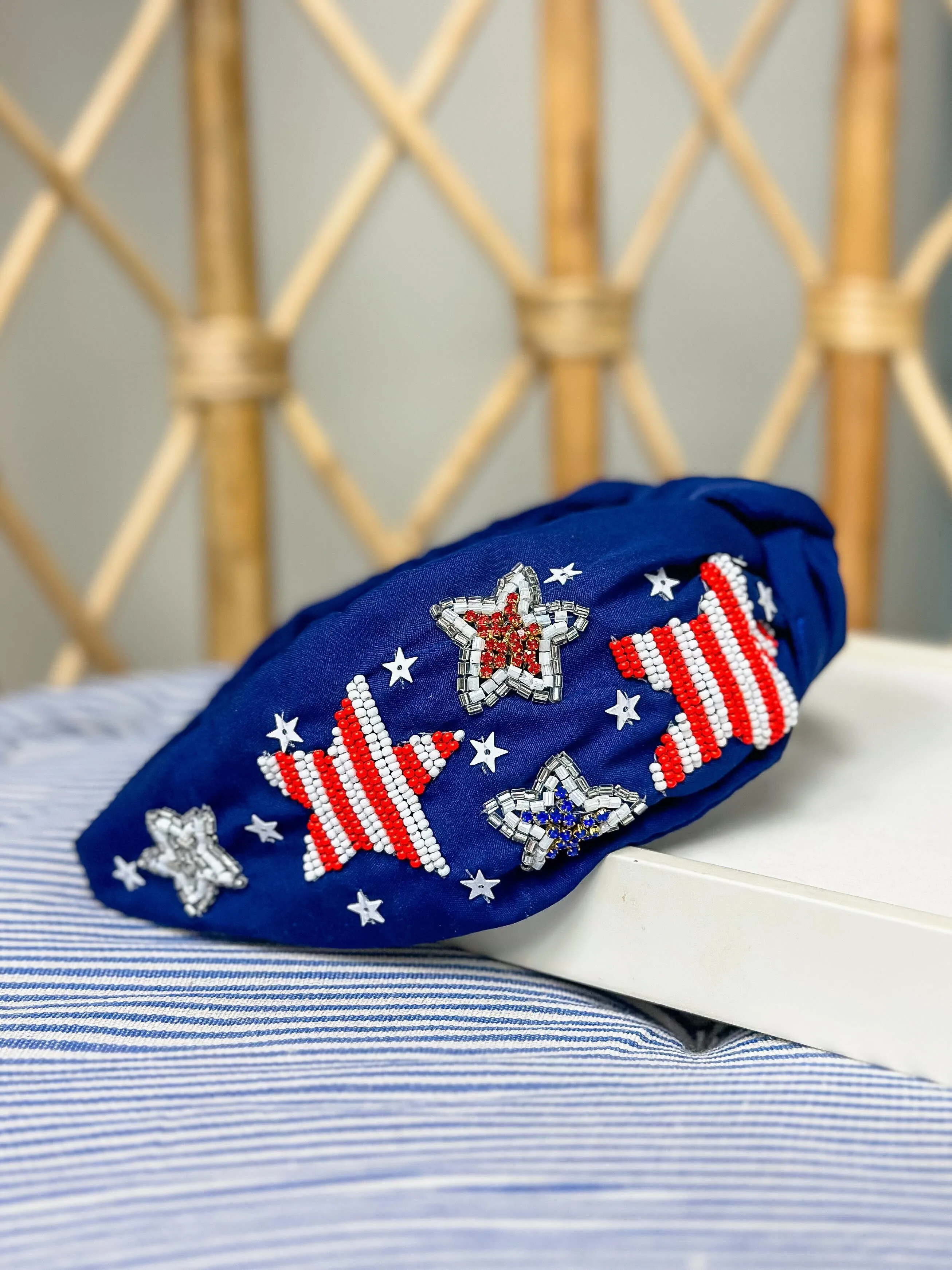 Embellished Star Beaded Headband - Navy