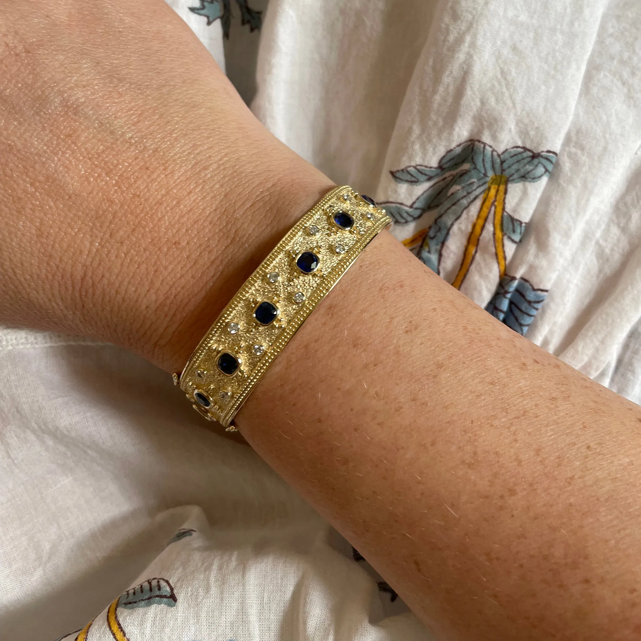 Etruscan Style Cushion Sapphire & Diamond 14K Gold Bangle