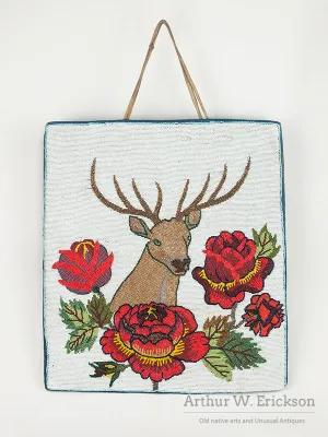 Extra Large Plateau Beaded Flat Bag with Elk Head and Roses